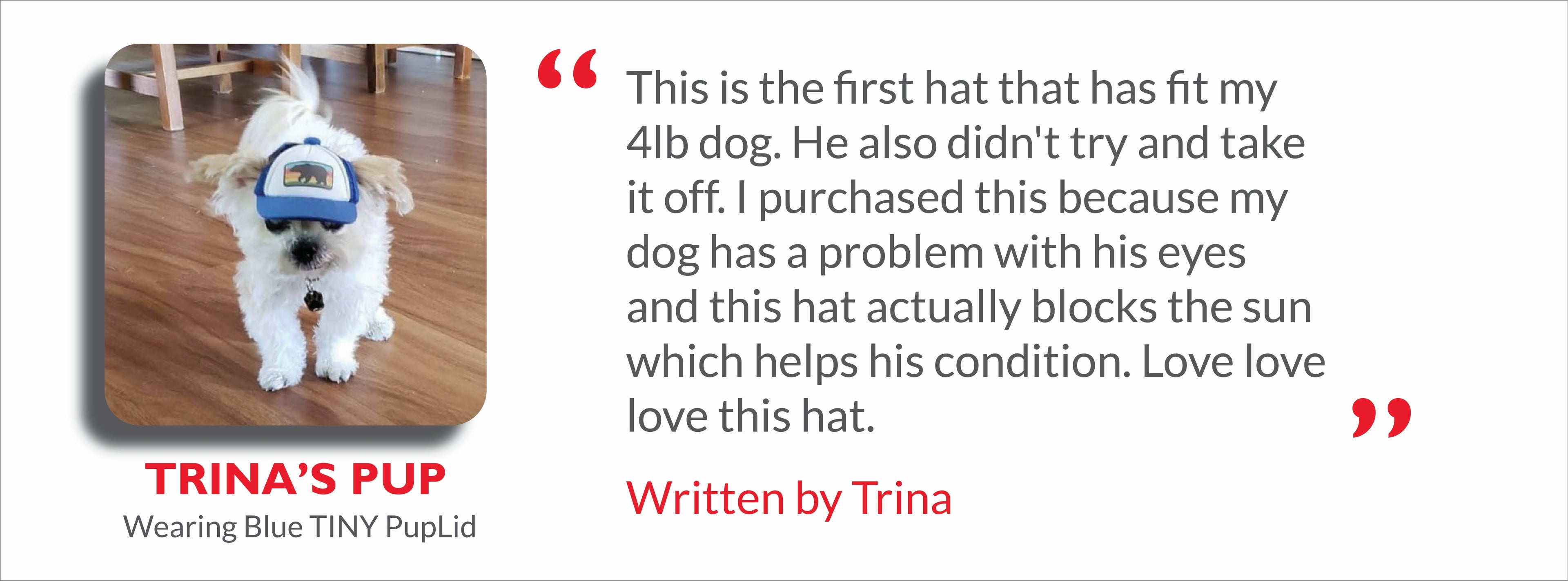 Customer review telling us she loves PupLid Tiny dog hats for helping her dog's sensitive eyes.