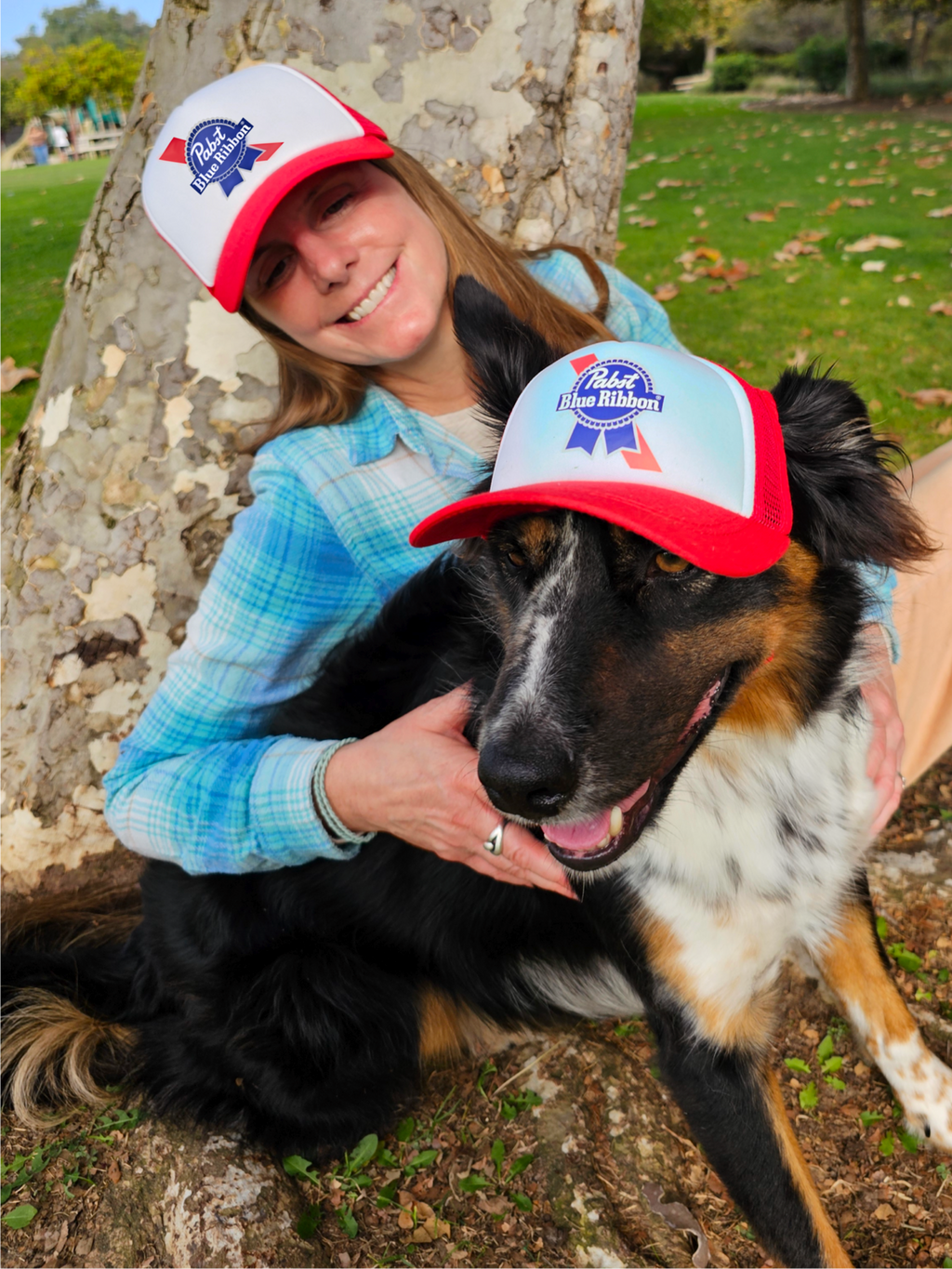pabst blue ribbon matching human hat